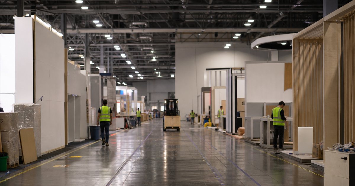 Wide empty aisle between two rows of trade show booths under construction in a convention hall, taped floor lines, a forklift carrying crates in the distance, workers in safety vests, bright industrial lighting