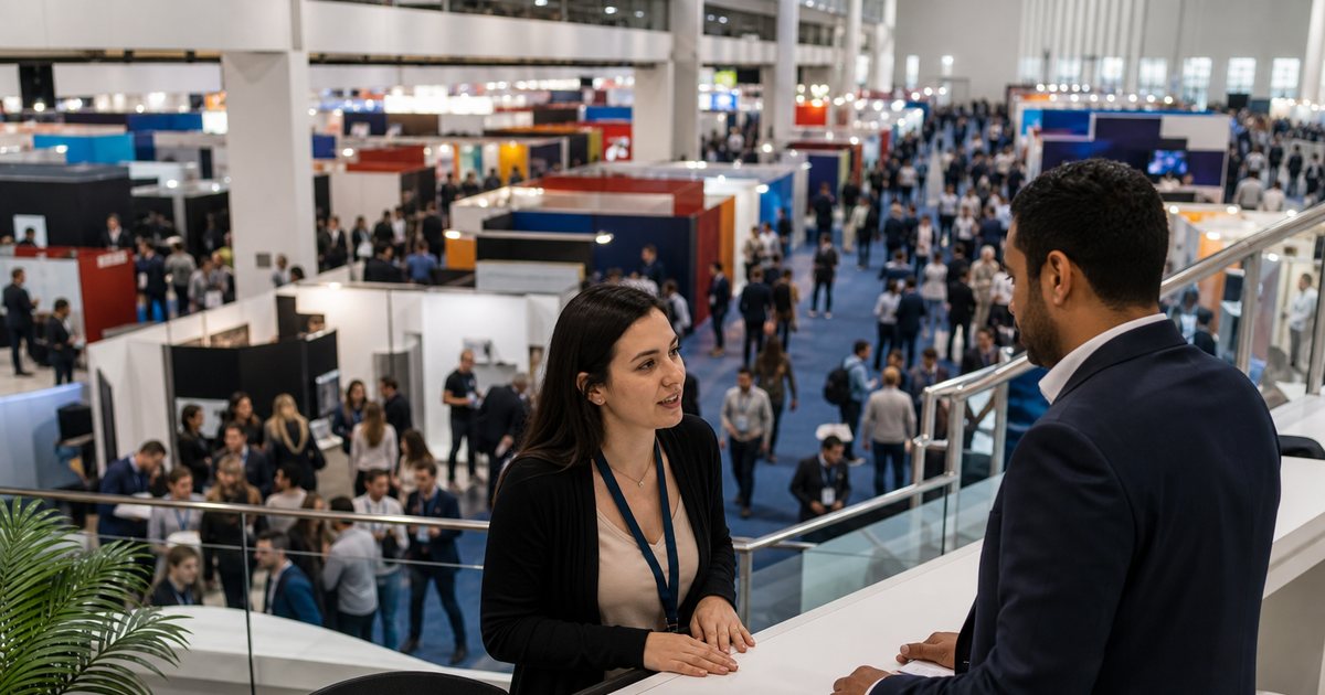 Crowded trade show floor seen from a mezzanine, rows of fully occupied exhibitor booths with colorful banners and attendees walking the aisles, a woman at a registration counter in the foreground talking with a man in a suit