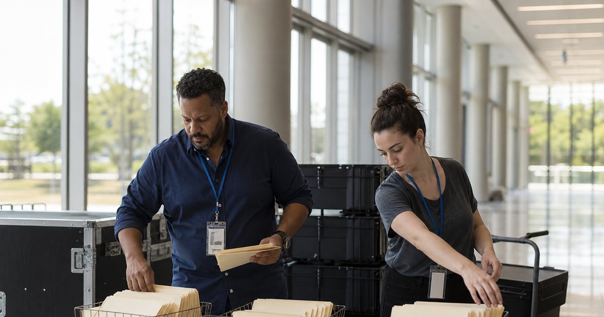 Two event staff wearing lanyards at a folding table in a convention center lobby, sorting plain manila folders into wire trays, rolling equipment cases and stacked empty crates behind them, daylight coming through tall glass windows