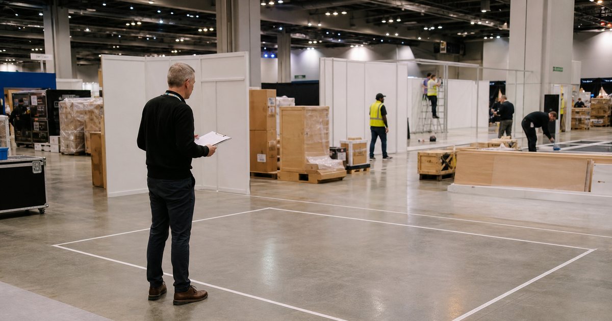 Empty trade show booth space with taped floor outline in a large convention hall, an organizer wearing a lanyard holding a clipboard looking at the vacant spot, other exhibitors setting up in the background, bright overhead lighting
