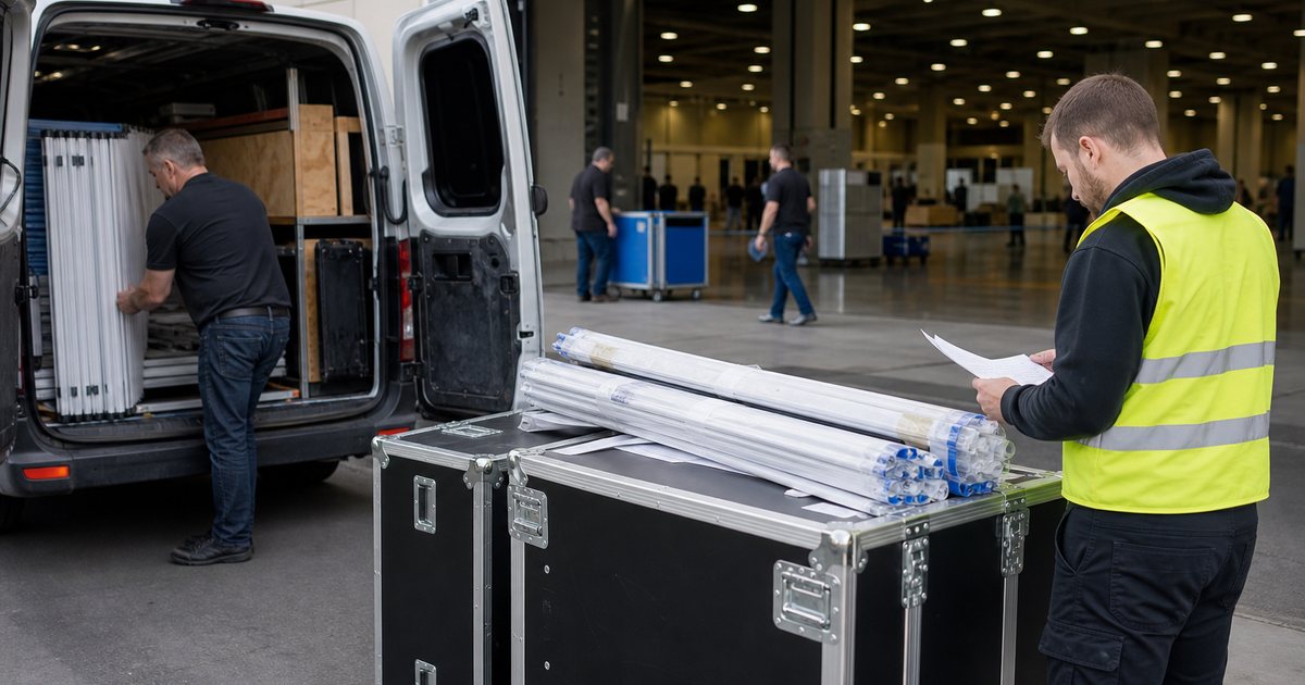 Loading dock of a convention center on move-in morning, exhibitors unloading crates and banner stands from a van, a staff member in a bright vest checking a printed sheet, dock doors open with the hall visible inside