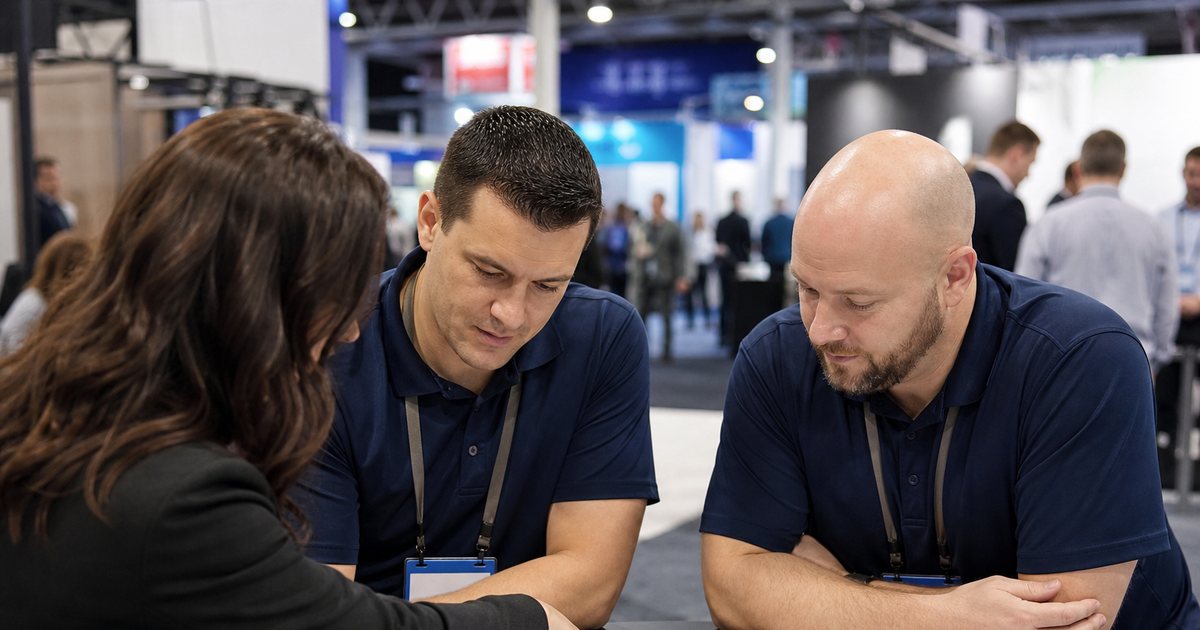 A small rebooking desk on a busy trade show floor, an organizer showing a large printed floor plan to two exhibitors in company polo shirts, pens and a coffee cup on the table, booths and attendees blurred in the background