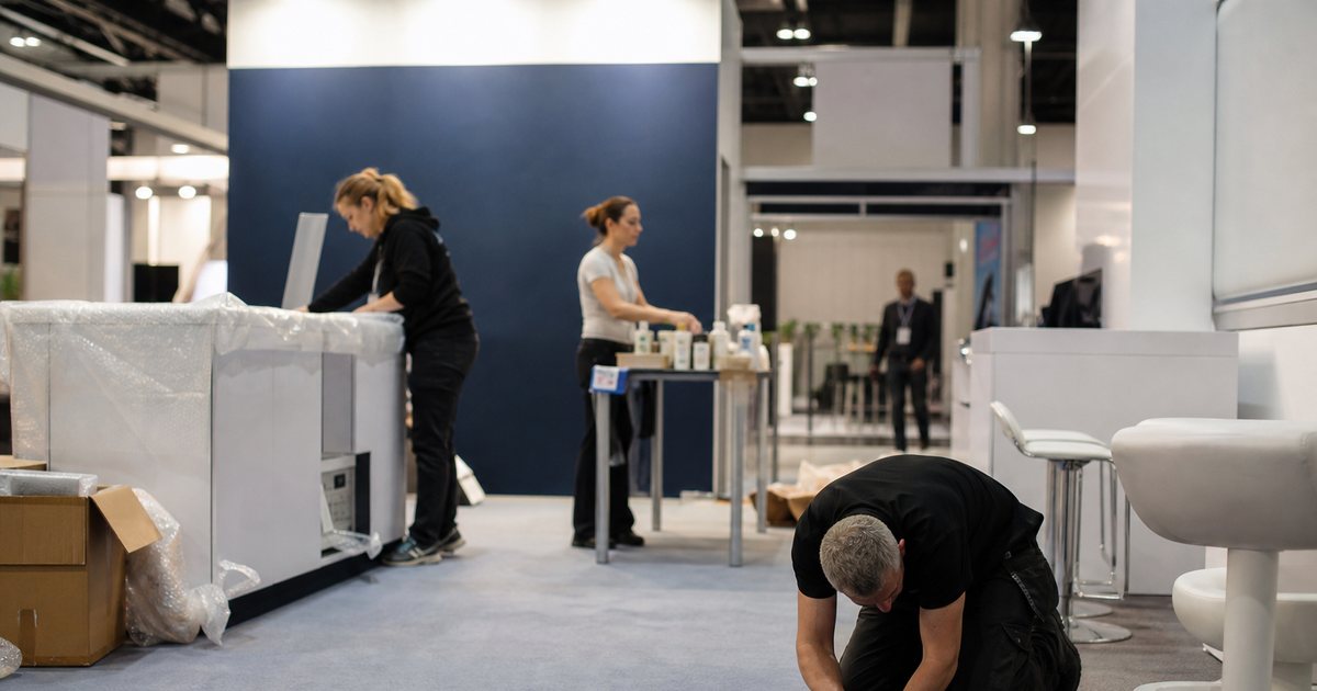 Trade show booth being set up with an electrician connecting floor power beneath carpet, rented furniture and a counter being unpacked, exhibitor staff arranging product samples on a table, hall lights on
