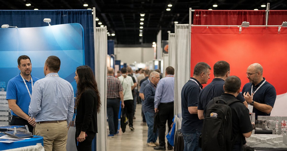 Two neighboring trade show booths with different colored banners separated by a pipe and drape wall, staff from each booth talking to attendees, a busy aisle in between, wide angle from the aisle