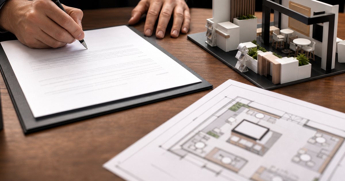 Close-up of a person signing a document on a wooden desk with a pen, a small scale model of a trade show booth and a printed floor plan beside it, warm office lighting, hands only visible