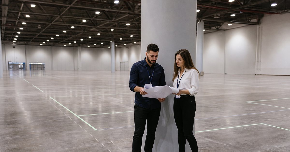 Two event organizers standing beside a wide structural column in a large empty convention hall, one holding a rolled paper plan, faint tape outlines marking booth spaces on the polished concrete floor, exposed ceiling trusses and bright overhead lighting