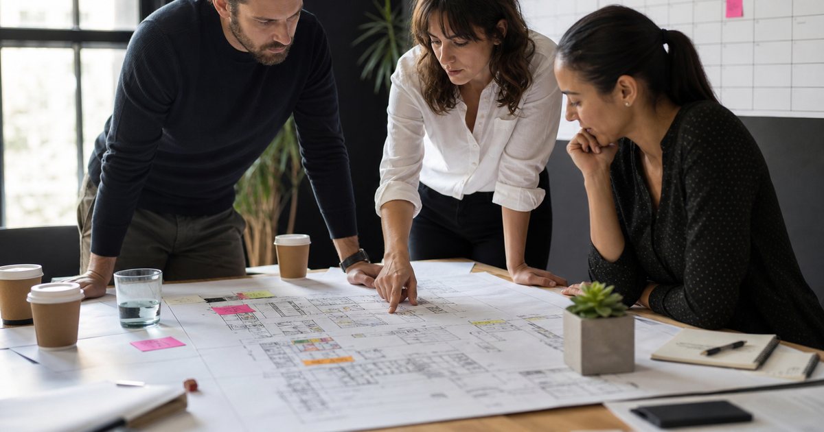 Event organizer team in a small office reviewing a large printed venue floor plan spread across a table, coffee cups and sticky notes, a wall calendar visible behind them, natural window light